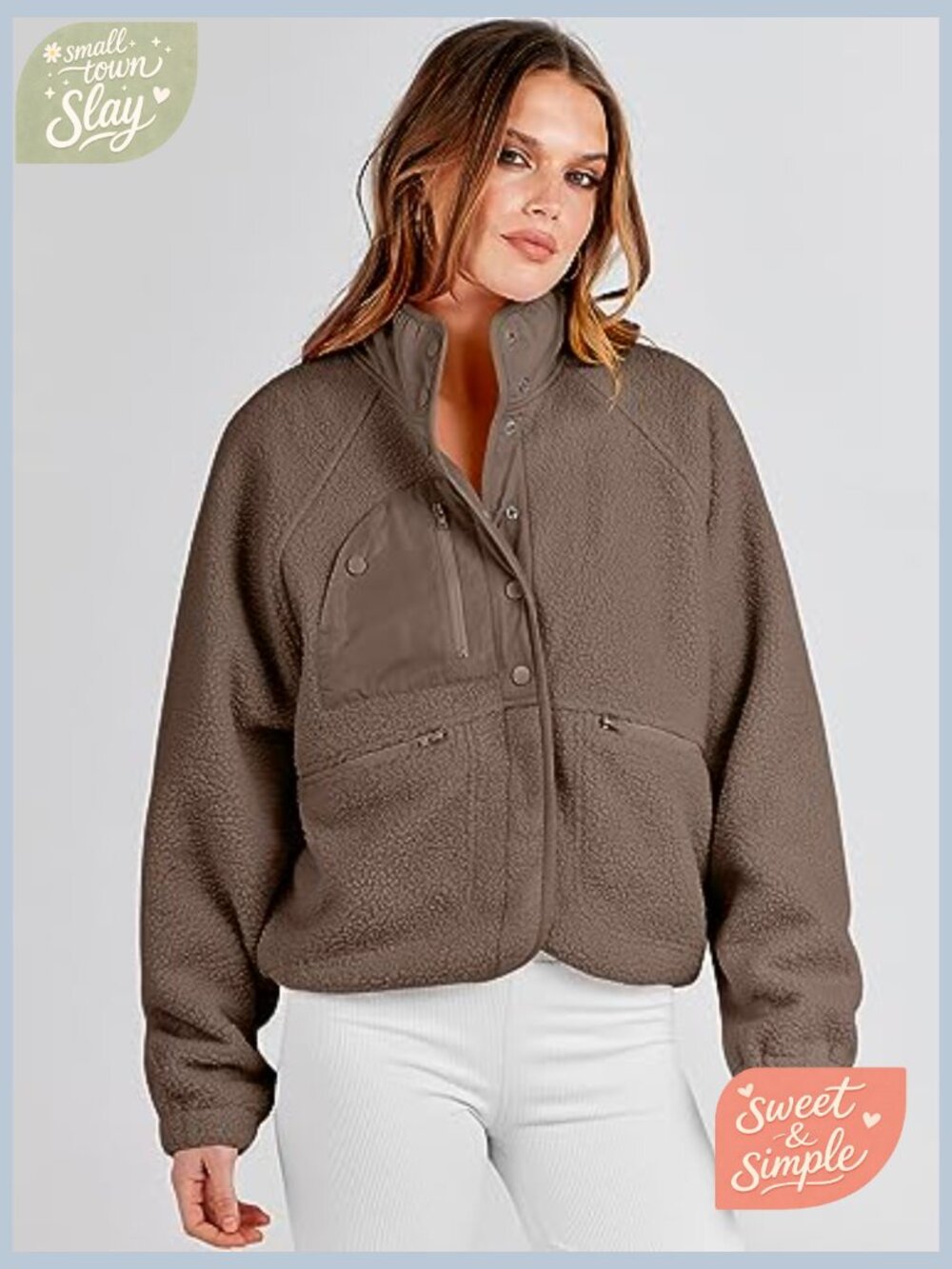 Womens Fuzzy Fleece Cropped Shacket with Pockets Long Sleeve Button Down Sherpa - Picture 3 of 7